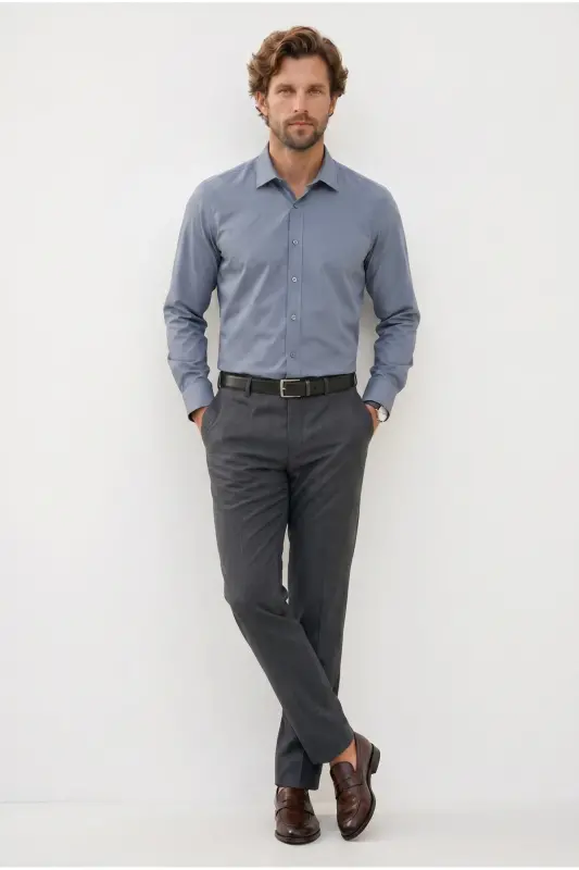 Modern Slim Fit Uzun Kollu Pamuklu Kolay Ütü Armürlü Gri Erkek Gömlek - Gri - 2