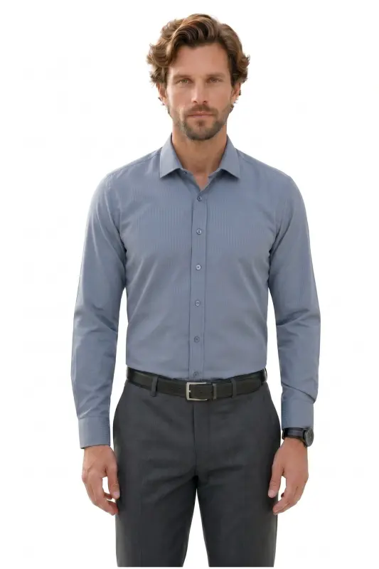 Modern Slim Fit Uzun Kollu Pamuklu Kolay Ütü Armürlü Gri Erkek Gömlek - Gri - 3