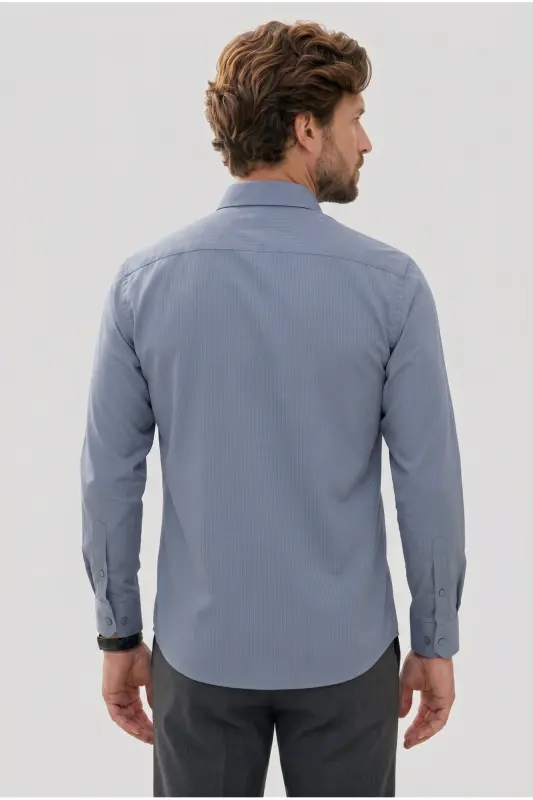 Modern Slim Fit Uzun Kollu Pamuklu Kolay Ütü Armürlü Gri Erkek Gömlek - Gri - 5
