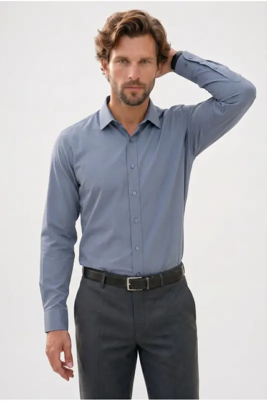 Modern Slim Fit Uzun Kollu Pamuklu Kolay Ütü Armürlü Gri Erkek Gömlek - Gri - 6