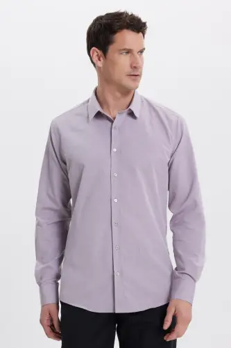 Modern Slim Fit Uzun Kollu Pamuklu Kolay Ütü Armürlü Gül Kurusu Erkek Gömlek-Gül Kurusu 