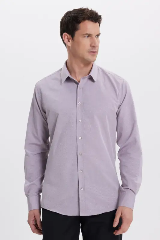 Modern Slim Fit Uzun Kollu Pamuklu Kolay Ütü Armürlü Gül Kurusu Erkek Gömlek-Gül Kurusu - TUDORS