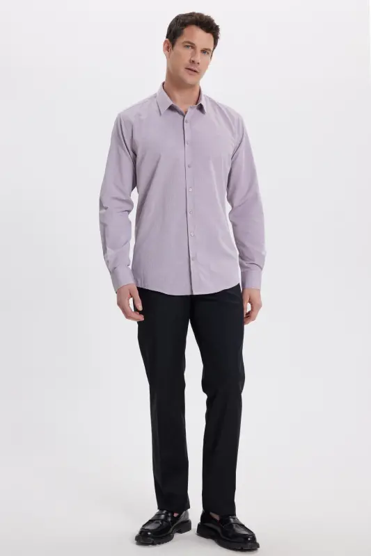 Modern Slim Fit Uzun Kollu Pamuklu Kolay Ütü Armürlü Gül Kurusu Erkek Gömlek-Gül Kurusu - 4