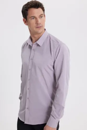 Modern Slim Fit Uzun Kollu Pamuklu Kolay Ütü Armürlü Gül Kurusu Erkek Gömlek-Gül Kurusu - TUDORS (1)