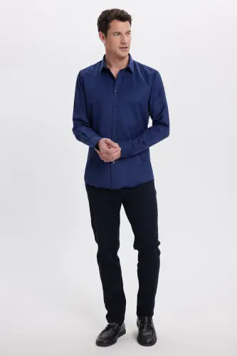 Modern Slim Fit Uzun Kollu Pamuklu Kolay Ütü Armürlü Lacivert Erkek Gömlek-Lacivert1 - 4