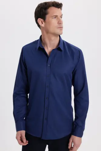 Modern Slim Fit Uzun Kollu Pamuklu Kolay Ütü Armürlü Lacivert Erkek Gömlek-Lacivert1 - 5