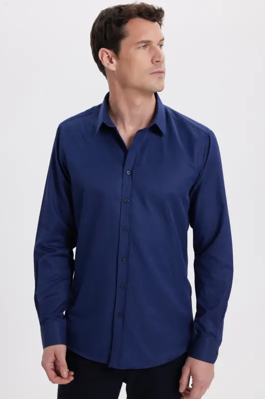 Modern Slim Fit Uzun Kollu Pamuklu Kolay Ütü Armürlü Lacivert Erkek Gömlek-Lacivert1 - 5