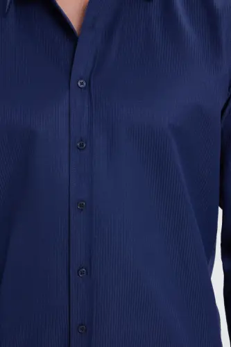 Modern Slim Fit Uzun Kollu Pamuklu Kolay Ütü Armürlü Lacivert Erkek Gömlek-Lacivert1 - 6