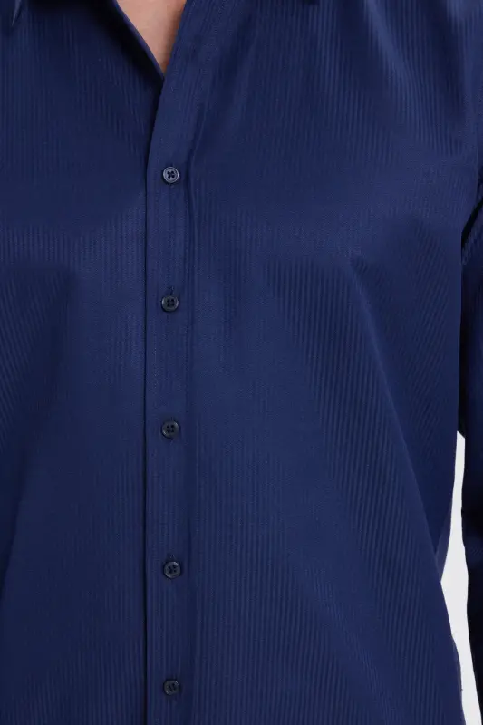 Modern Slim Fit Uzun Kollu Pamuklu Kolay Ütü Armürlü Lacivert Erkek Gömlek-Lacivert1 - 6