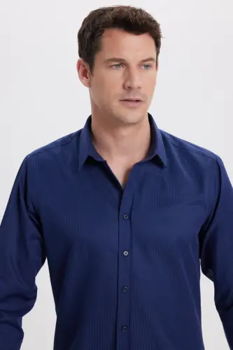 Modern Slim Fit Uzun Kollu Pamuklu Kolay Ütü Armürlü Lacivert Erkek Gömlek-Lacivert1 - 2