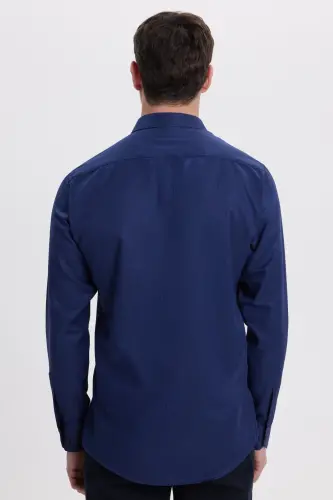 Modern Slim Fit Uzun Kollu Pamuklu Kolay Ütü Armürlü Lacivert Erkek Gömlek-Lacivert1 - 7
