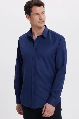 Modern Slim Fit Uzun Kollu Pamuklu Kolay Ütülenebilir Armürlü Lacivert Erkek Gömlek - Lacivert1 