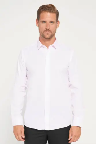 Modern Slim Fit Uzun Kollu Pamuklu Kolay Ütü Armürlü Pembe Erkek Gömlek-Pembe - TUDORS (1)