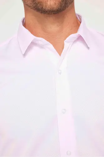 Modern Slim Fit Uzun Kollu Pamuklu Kolay Ütü Armürlü Pembe Erkek Gömlek-Pembe - 4