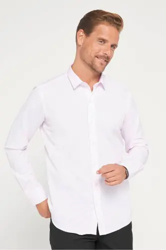 Modern Slim Fit Uzun Kollu Pamuklu Kolay Ütü Armürlü Pembe Erkek Gömlek-Pembe - 1