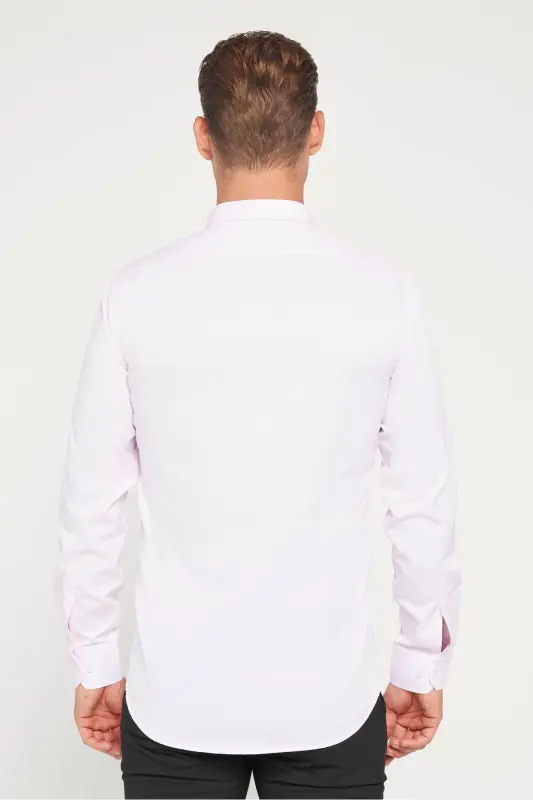 Modern Slim Fit Uzun Kollu Pamuklu Kolay Ütü Armürlü Pembe Erkek Gömlek-Pembe - 5