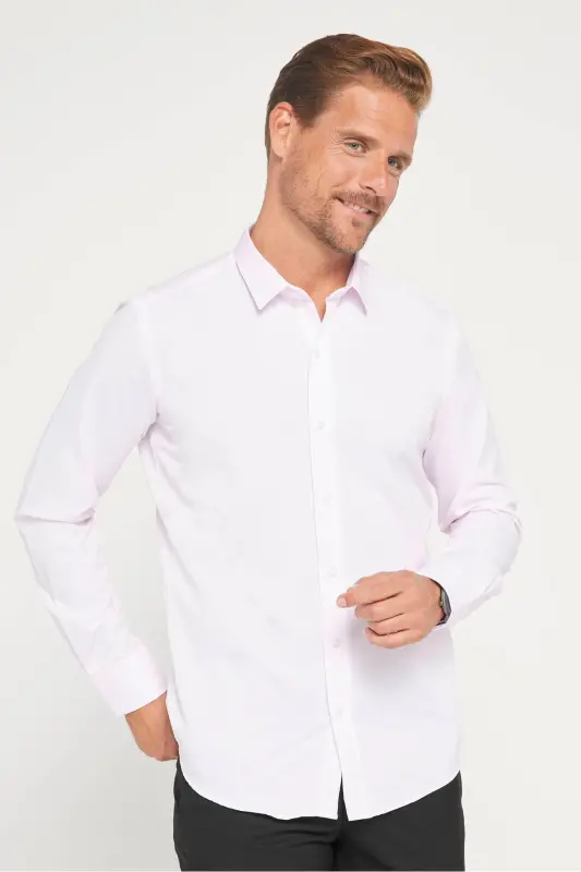 Modern Slim Fit Uzun Kollu Pamuklu Kolay Ütü Armürlü Pembe Erkek Gömlek-Pembe - TUDORS