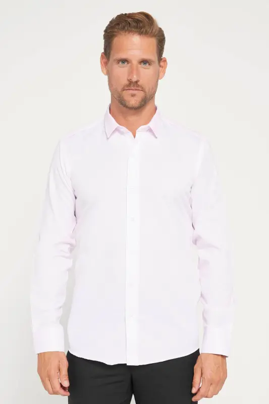 Modern Slim Fit Uzun Kollu Pamuklu Kolay Ütü Armürlü Pembe Erkek Gömlek-Pembe - 2