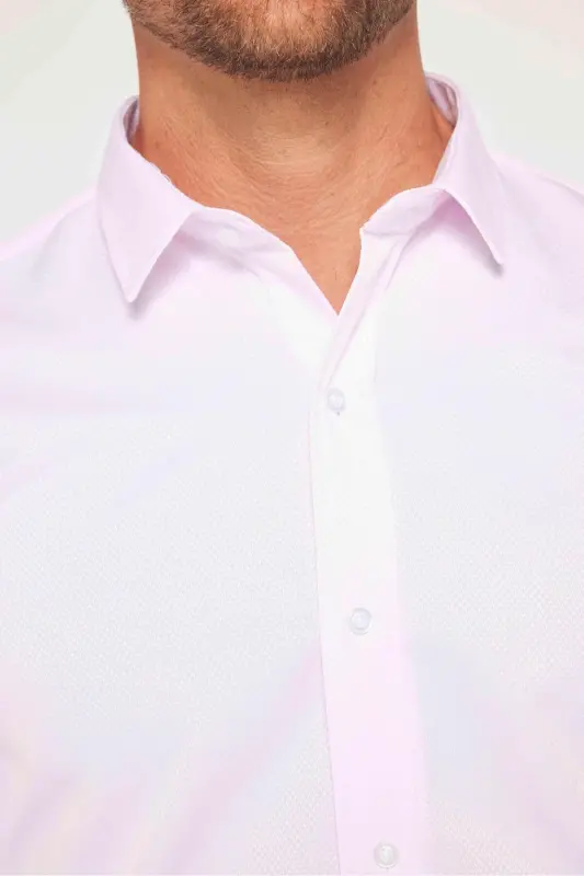 Modern Slim Fit Uzun Kollu Pamuklu Kolay Ütü Armürlü Pembe Erkek Gömlek-Pembe - 4