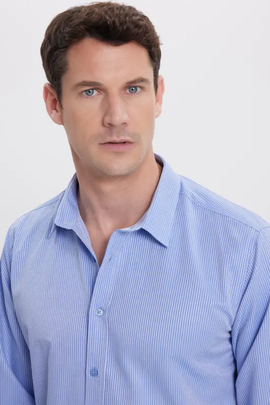 Modern Slim Fit Uzun Kollu Pamuklu Kolay Ütü Armürlü Saks Mavi Erkek Gömlek-Saks Mavi - 2