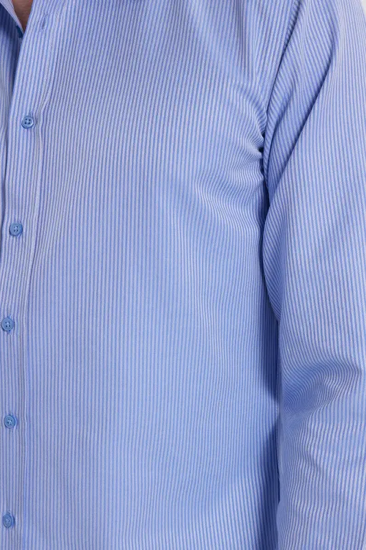 Modern Slim Fit Uzun Kollu Pamuklu Kolay Ütü Armürlü Saks Mavi Erkek Gömlek-Saks Mavi - 3
