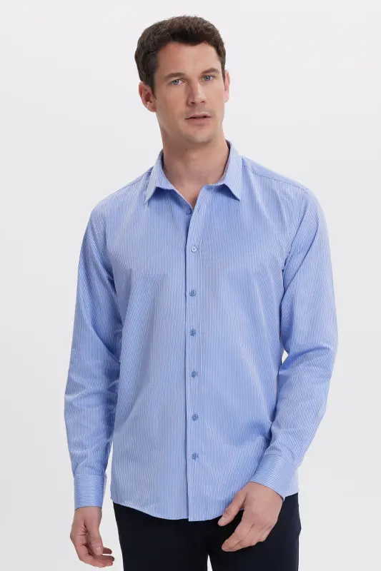 Modern Slim Fit Uzun Kollu Pamuklu Kolay Ütü Armürlü Saks Mavi Erkek Gömlek-Saks Mavi - 4