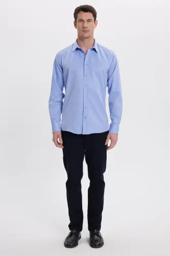 Modern Slim Fit Uzun Kollu Pamuklu Kolay Ütü Armürlü Saks Mavi Erkek Gömlek-Saks Mavi - 5