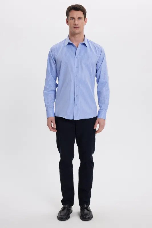 Modern Slim Fit Uzun Kollu Pamuklu Kolay Ütü Armürlü Saks Mavi Erkek Gömlek-Saks Mavi - 5