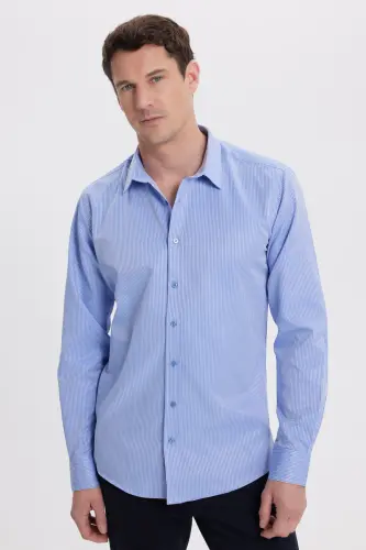 Modern Slim Fit Uzun Kollu Pamuklu Kolay Ütü Armürlü Saks Mavi Erkek Gömlek-Saks Mavi - 6