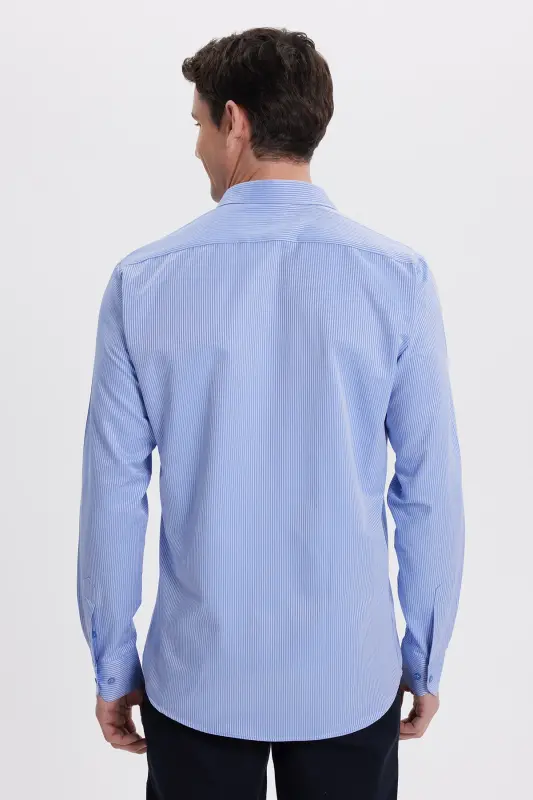 Modern Slim Fit Uzun Kollu Pamuklu Kolay Ütü Armürlü Saks Mavi Erkek Gömlek-Saks Mavi - 8