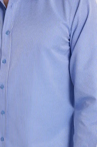Modern Slim Fit Uzun Kollu Pamuklu Kolay Ütü Armürlü Saks Mavi Erkek Gömlek-Saks Mavi - 3