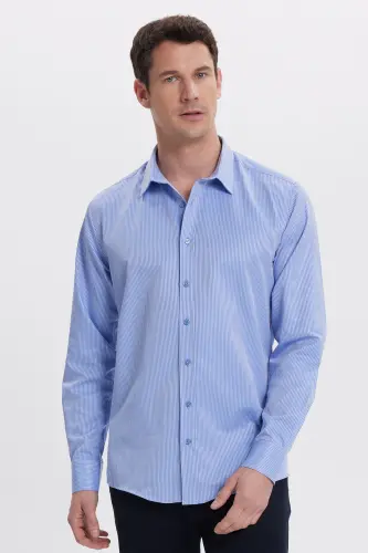 Modern Slim Fit Uzun Kollu Pamuklu Kolay Ütü Armürlü Saks Mavi Erkek Gömlek-Saks Mavi - 4