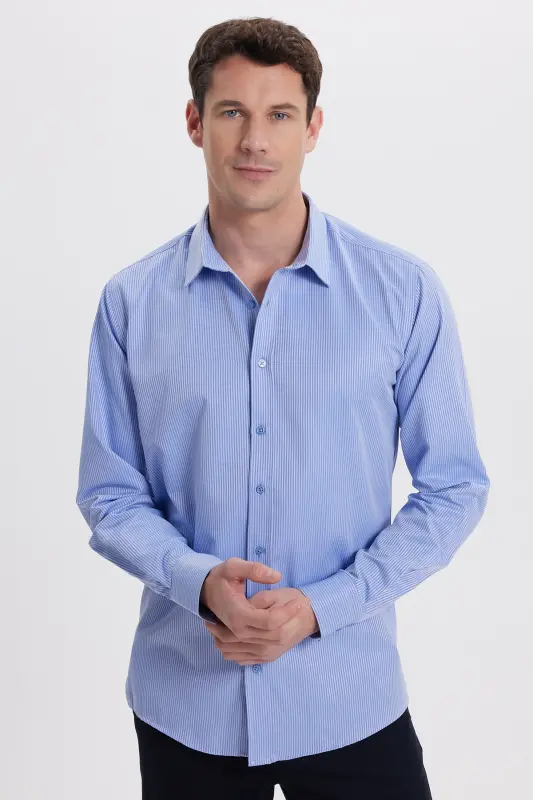 Modern Slim Fit Uzun Kollu Pamuklu Kolay Ütü Armürlü Saks Mavi Erkek Gömlek-Saks Mavi - TUDORS