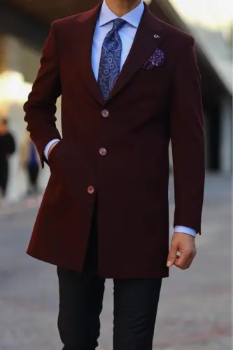 Modern Tasarım Erkek Klasik Kaban - %80 Yün %20 Polyester-kav7000w - Bordo - KADIR BÜYÜKKAYA (1)