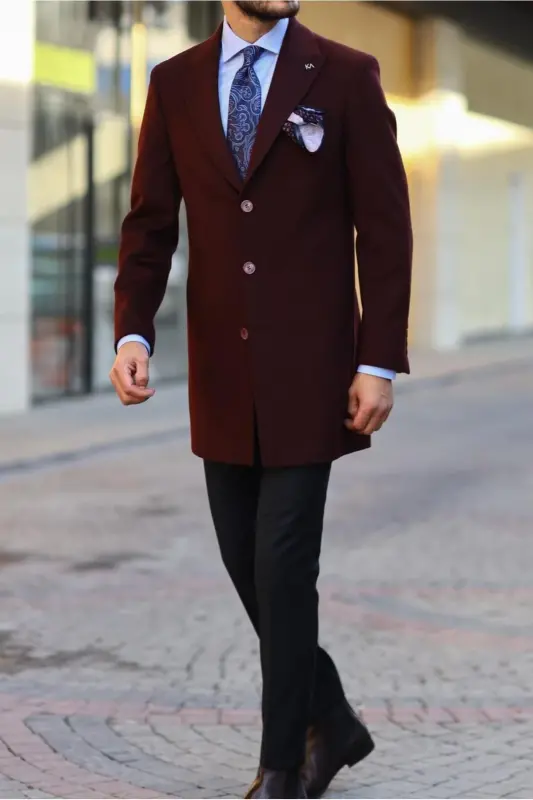 Modern Tasarım Erkek Klasik Kaban - %80 Yün %20 Polyester-kav7000w - Bordo - KADIR BÜYÜKKAYA