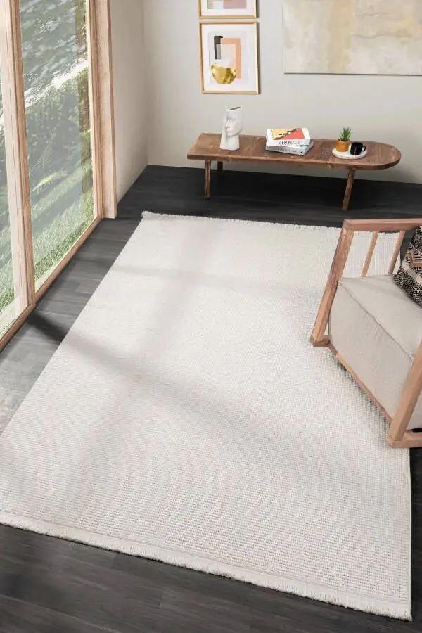 Modern Woven Rug with White Fringe for Living Room, Bedroom, Hallway, White Runner Rug - 2