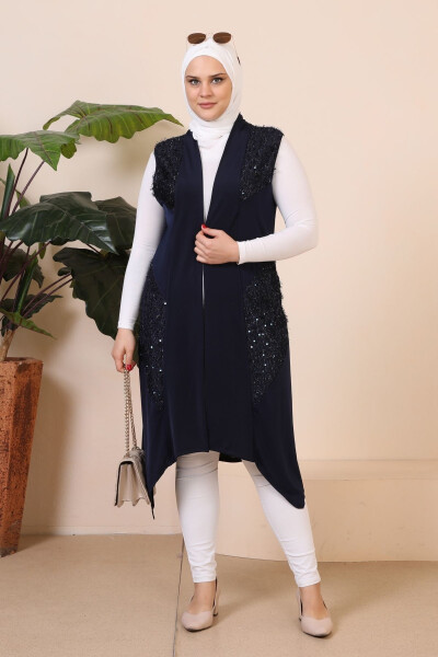 Modest Black Women's Plus Size Vest with Sequins Navy - 13