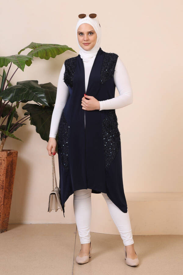 Modest Black Women's Plus Size Vest with Sequins Navy - 5