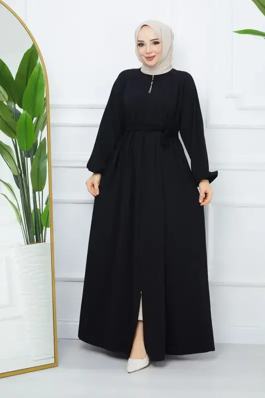 Modest Clothing Medina Silk Robe Pleated Islamic Loose Fit Ferace Dress-BLACK - 3