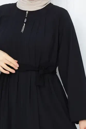 Modest Clothing Medina Silk Robe Pleated Islamic Loose Fit Ferace Dress-BLACK - 4