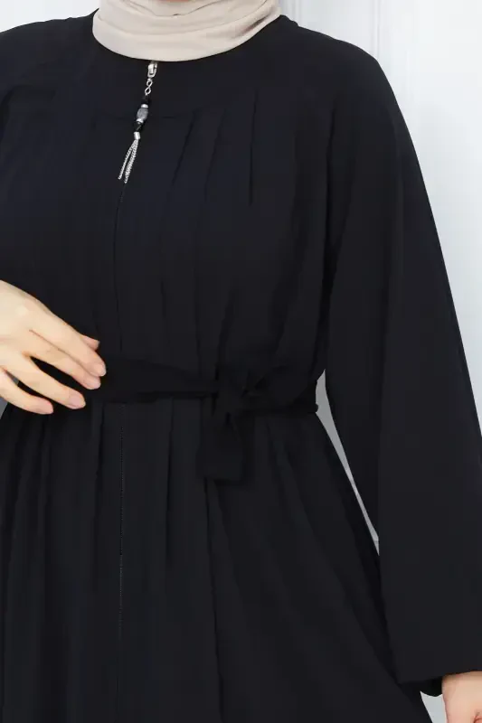 Modest Clothing Medina Silk Robe Pleated Islamic Loose Fit Ferace Dress-BLACK - 4
