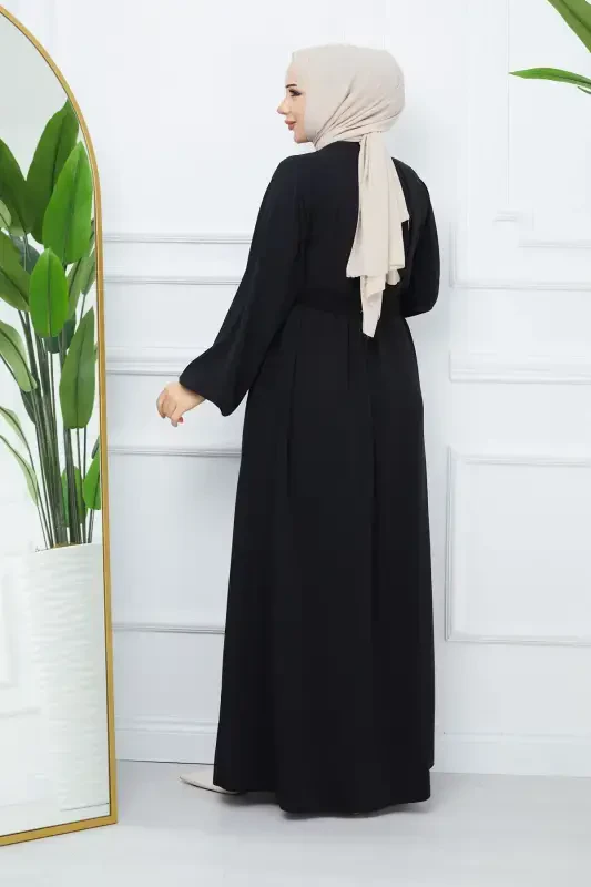 Modest Clothing Medina Silk Robe Pleated Islamic Loose Fit Ferace Dress-BLACK - 6
