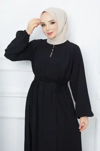 Modest Clothing Medina Silk Robe Pleated Islamic Loose Fit Ferace Dress-BLACK - 7