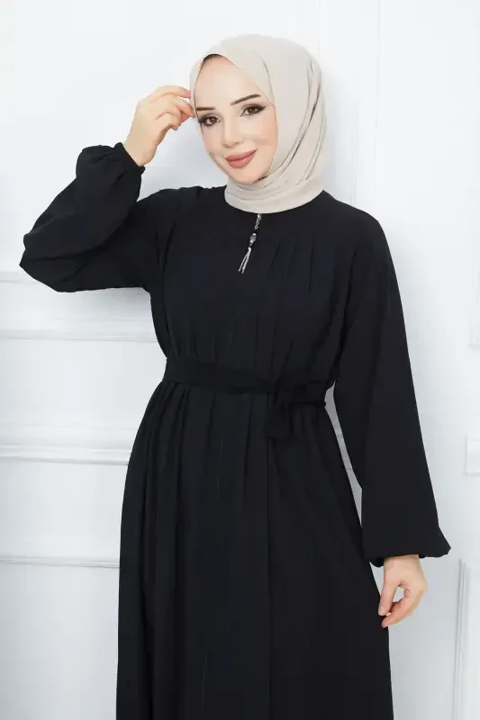 Modest Clothing Medina Silk Robe Pleated Islamic Loose Fit Ferace Dress-BLACK - 7