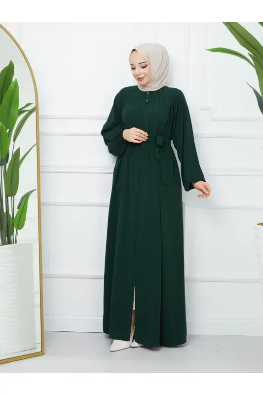 Modest Clothing Medina Silk Robe Pleated Islamic Loose Fit Ferace Dress-GREEN - 3