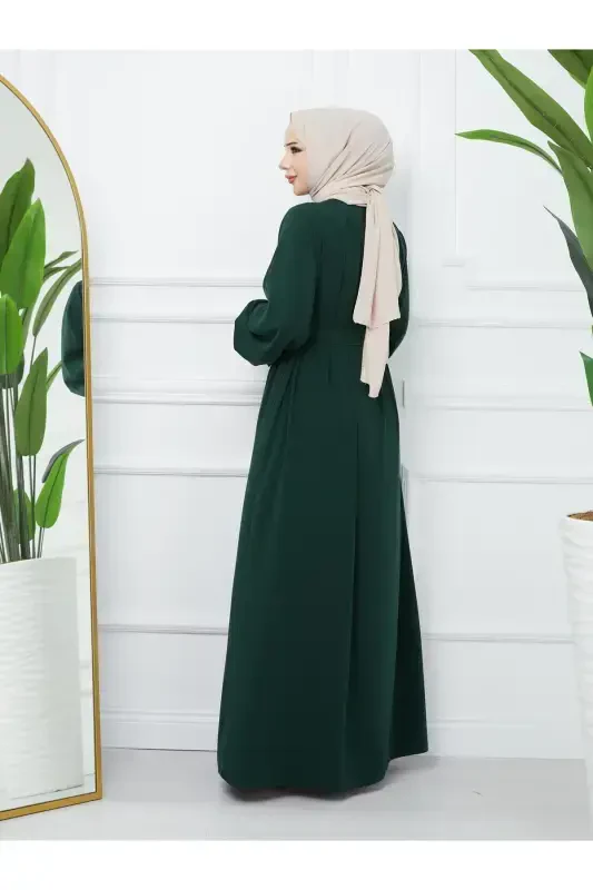 Modest Clothing Medina Silk Robe Pleated Islamic Loose Fit Ferace Dress-GREEN - 4