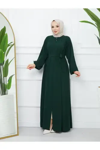 Modest Clothing Medina Silk Robe Pleated Islamic Loose Fit Ferace Dress-GREEN - 6