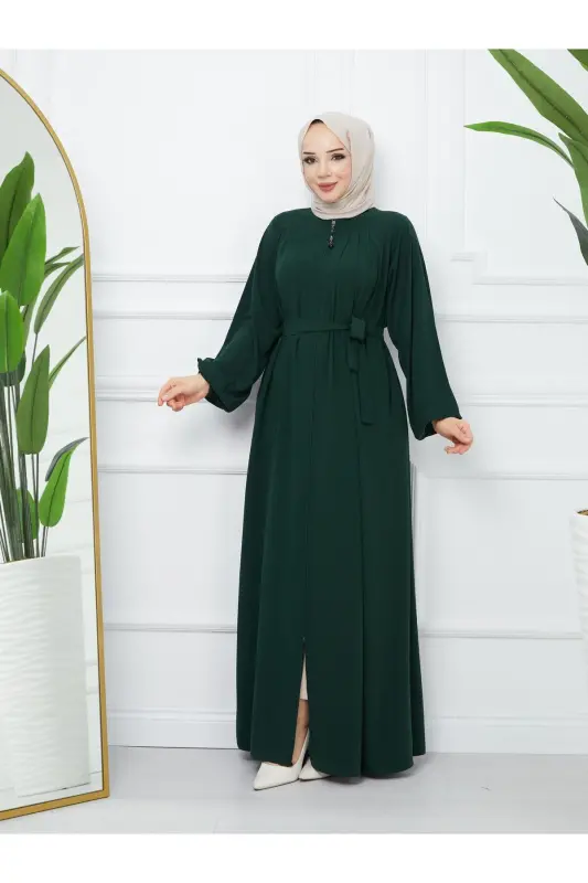 Modest Clothing Medina Silk Robe Pleated Islamic Loose Fit Ferace Dress-GREEN - 7