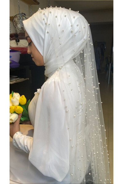 Модный фата для невесты в стиле хиджаб 3 метра с жемчужным бисером, слоновая кость, - Элегантный и стильный дизайн - 8