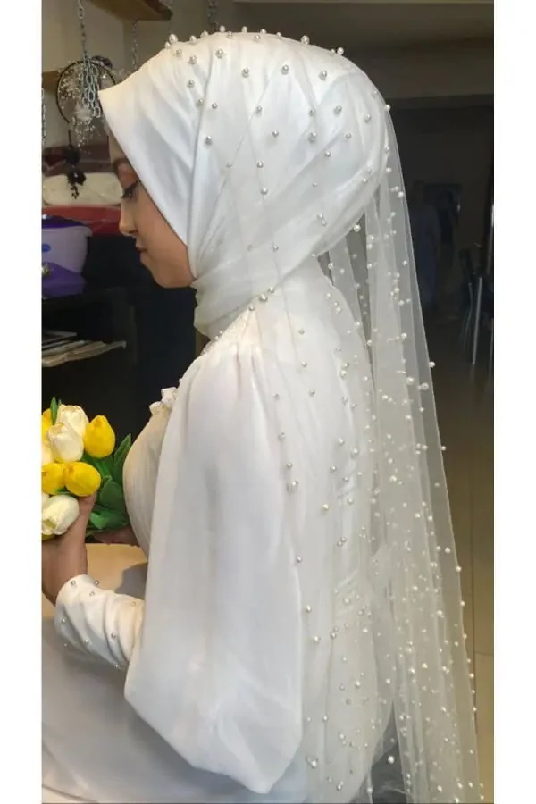 Модный фата для невесты в стиле хиджаб 3 метра с жемчужным бисером, слоновая кость, - Элегантный и стильный дизайн - 5